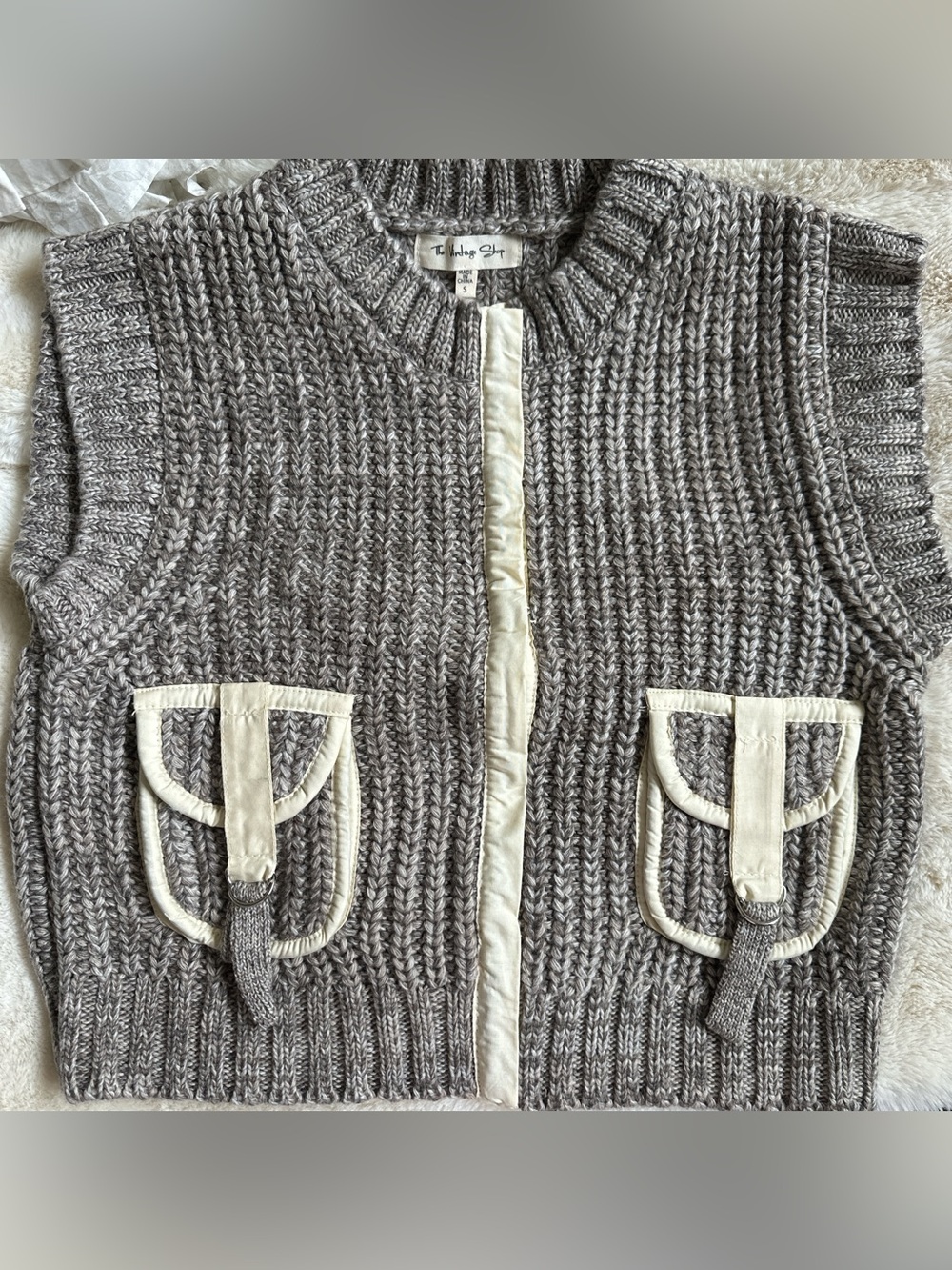 The Vintage Shop Gray Knit Pocket Cardigan Vest with Cream Trim